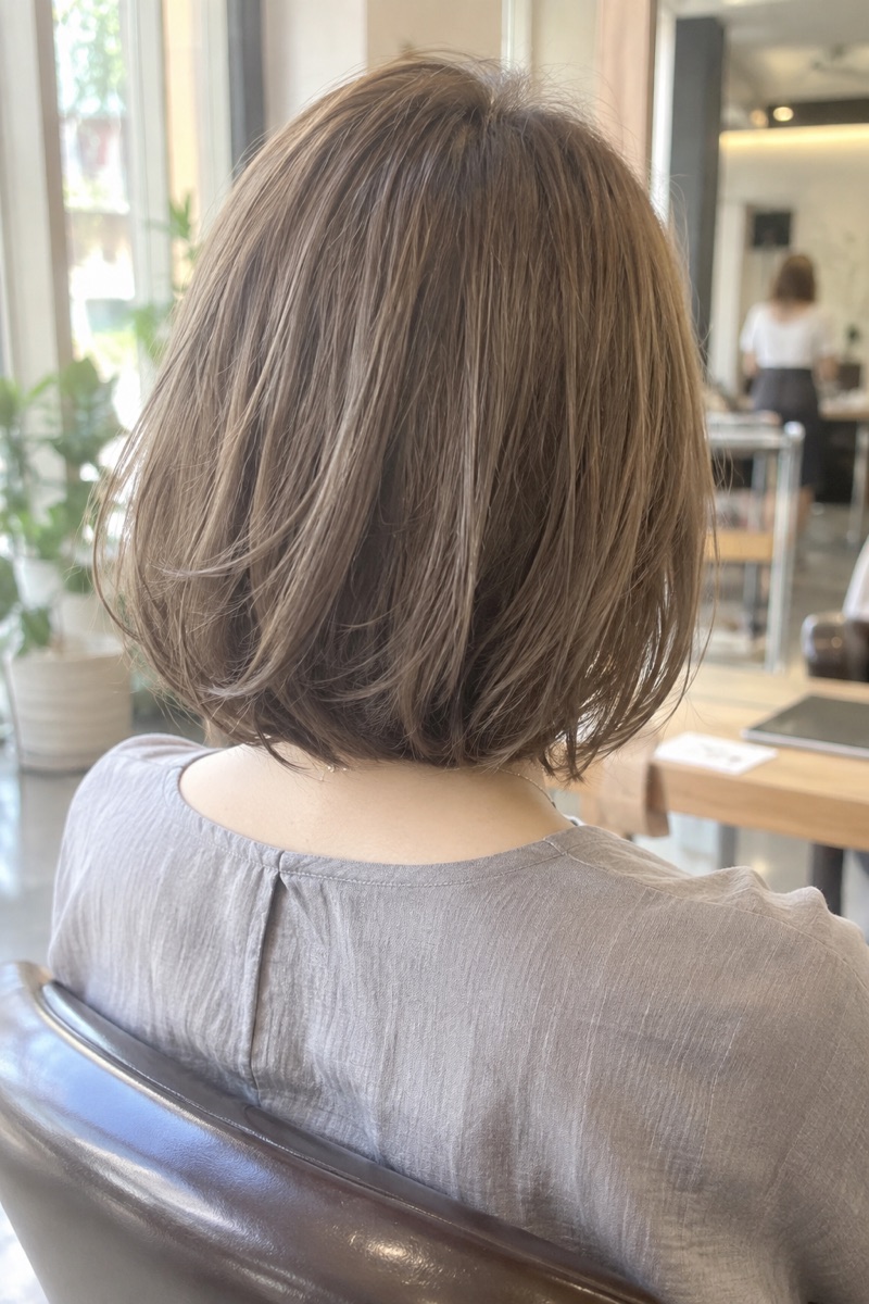 アッシュベージュの肩上ボブ