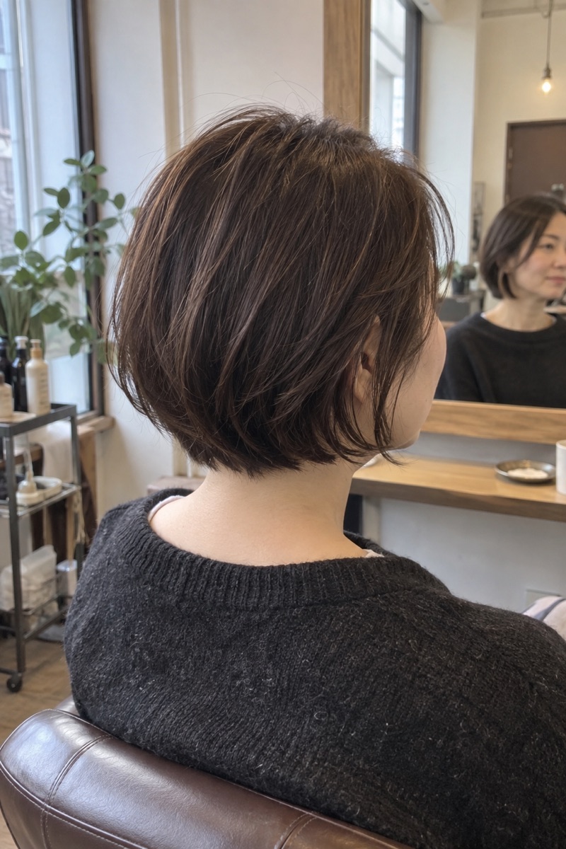やわらかなブラウンのボブのスタイル見本