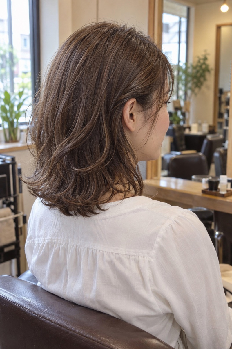 自然な動きのあるミディアムヘアのスタイル見本